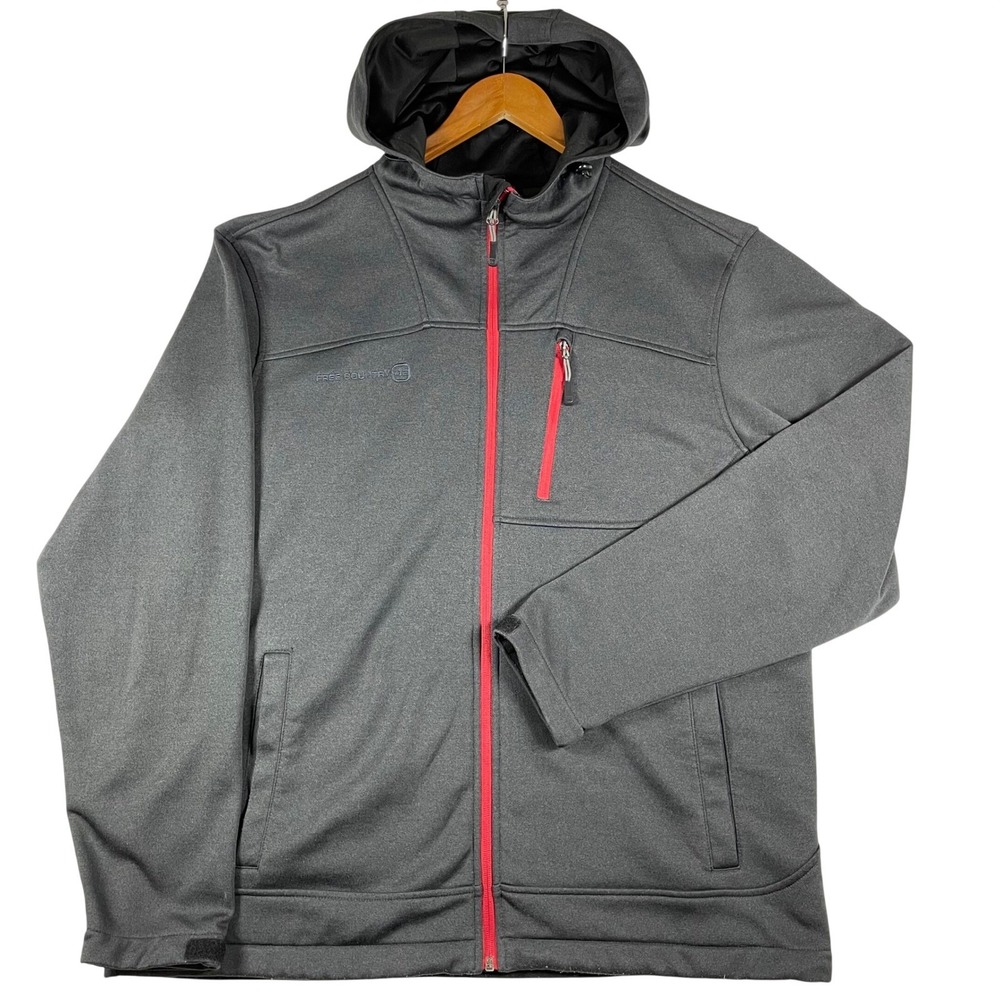 Free Country Mens Softshell Jacket Gray Red Full Zip Hooded Fleece Lined XL